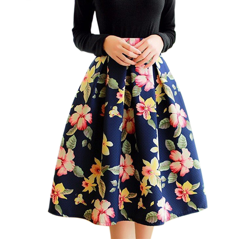 High-Waist-Pleated-Midi-font-b-Skirt-b-font-Women-Houndstooth-font-b-Floral-b-font